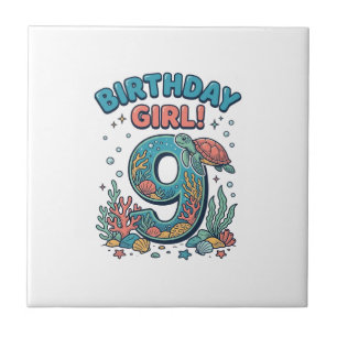 Azulejo Chica Cumpleaños 9 Tortuga Oceánica Diseño Vectori