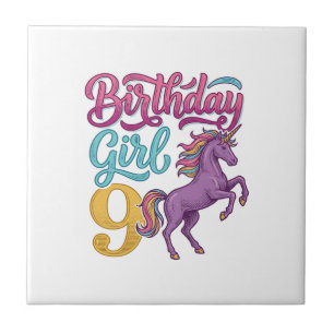 Azulejo Chica Cumpleaños 9 Unicornio Diseño de Grabado Vin