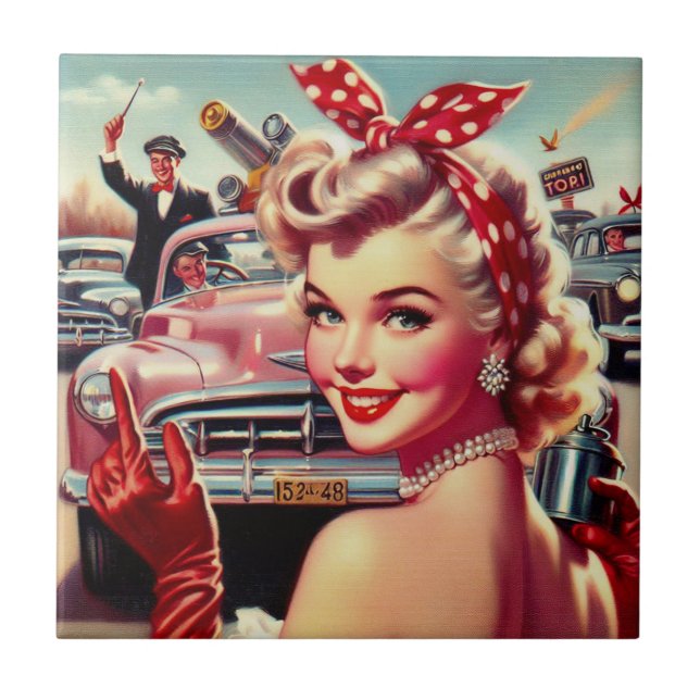 Azulejo Chica Cute Vintage de los años 50 (Frente)