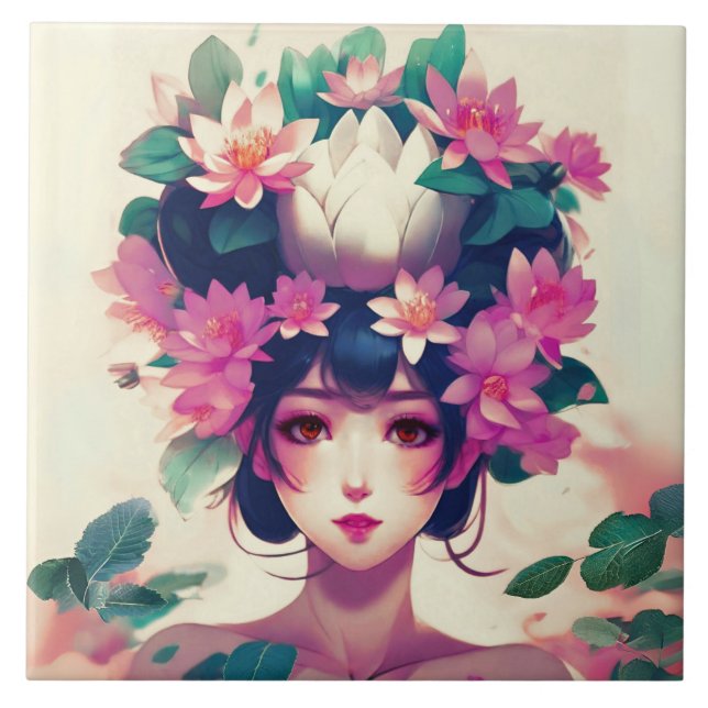 Azulejo Chica de Anime Coronada con Flores de Loto (Frente)
