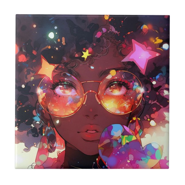 Azulejo Chica de anime cutto arte afroamericano (Frente)