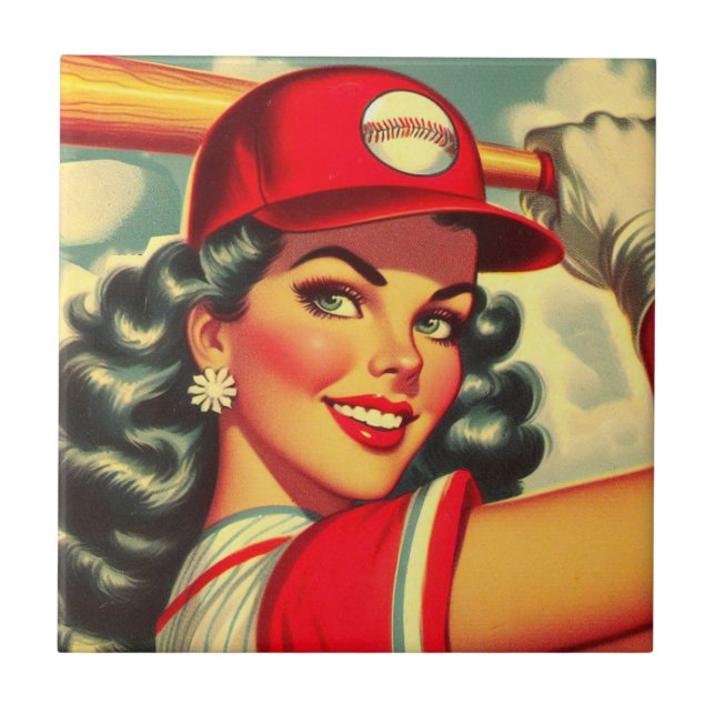 Azulejo Chica de béisbol retro (Frente)