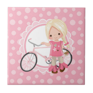 Azulejo Chica de bicicleta rubia - Blanco rosa