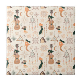Azulejo Chica de guitarra bohemia con Dreamcatcher místico