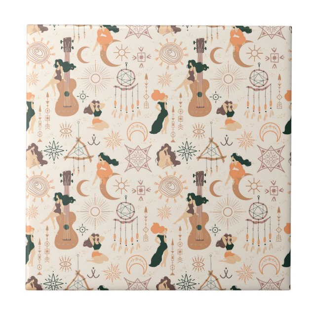 Azulejo Chica de guitarra bohemia con Dreamcatcher místico (Frente)