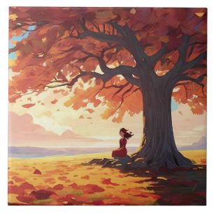 Azulejo Chica de la oración del árbol de otoño