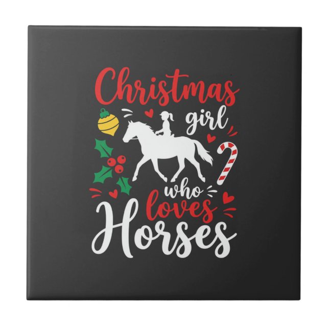 Azulejo Chica de Navidad que ama los caballos (Frente)