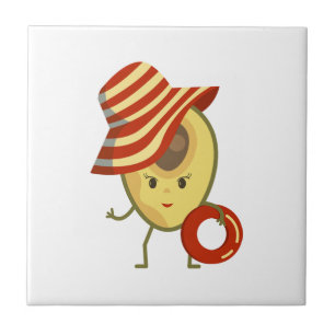 Azulejo Chica de playa de aguacate con gorra solar y anill