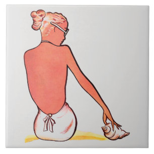 Azulejo Chica de playa de época con elegante verano de con