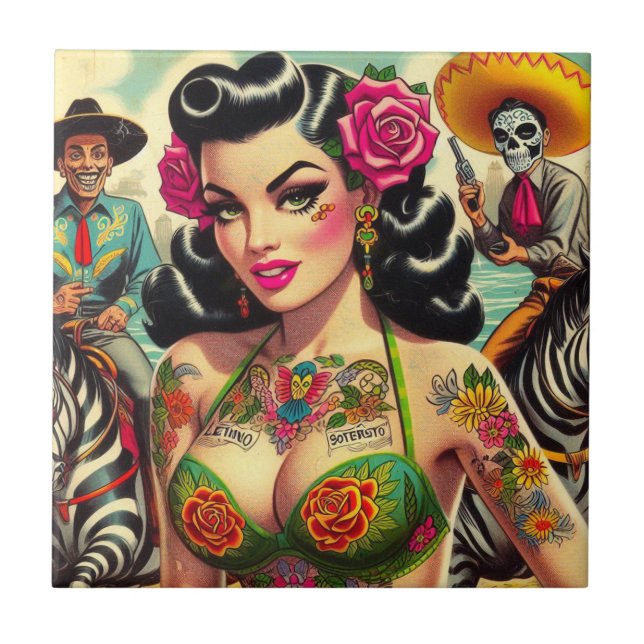 Azulejo Chica de tatuaje caliente de la vendimia (Frente)