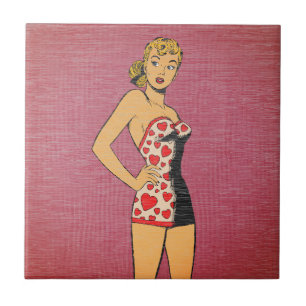 Azulejo Chica de traje de baño con corazón estilo cómic re