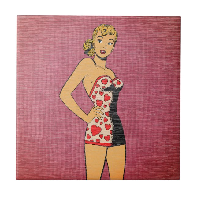 Azulejo Chica de traje de baño con corazón estilo cómic re (Frente)