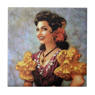 Azulejo Chica del Calendario Mexicana Hermosa Flamenco Dor