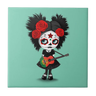 Azulejo Chica del cráneo del azúcar que toca la guitarra