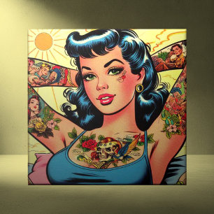 Azulejo Chica del tatuaje de historietas retro