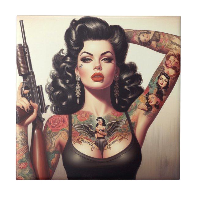 Azulejo Chica del tatuaje de la vieja escuela (Frente)