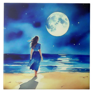 Azulejo Chica en la playa bajo una luna llena
