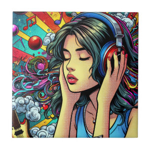 Azulejo Chica escuchando música sobre audífonos Psicodélic