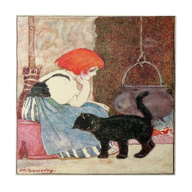 Azulejo Chica gato negro con cabello rojo Sowerby (Frente)