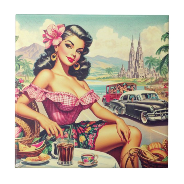Azulejo Chica hispano de Belleza Retro (Frente)