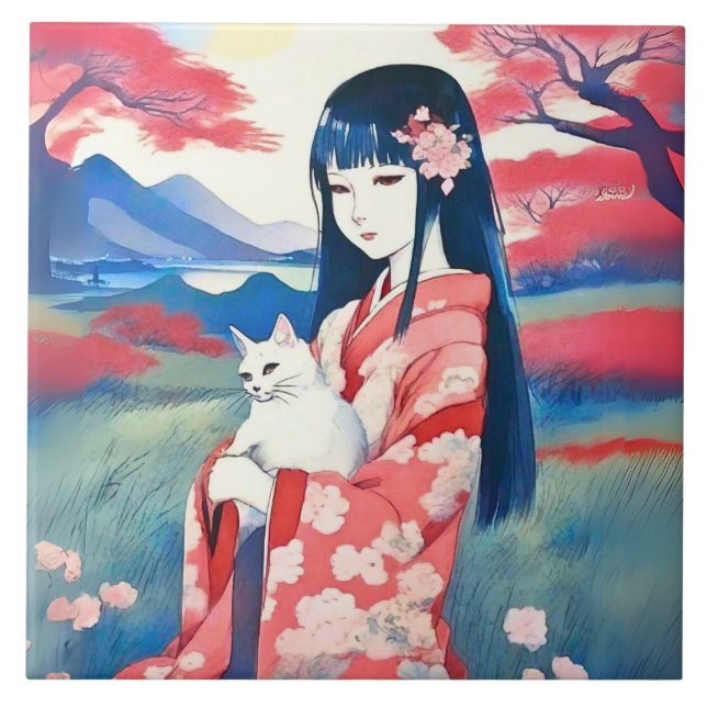 Azulejo Chica japonesa con un gato blanco (Frente)