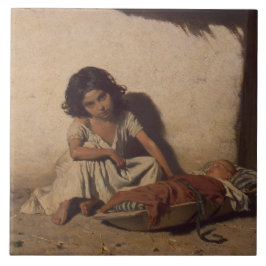 Azulejo Chica joven con un bebé (niños pobres de la calle)