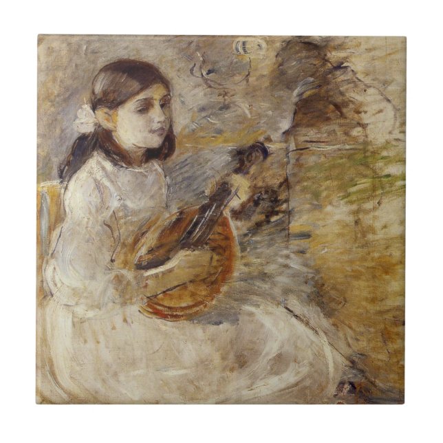 Azulejo Chica jugando al mandolín (por Berthe Morisot) (Frente)