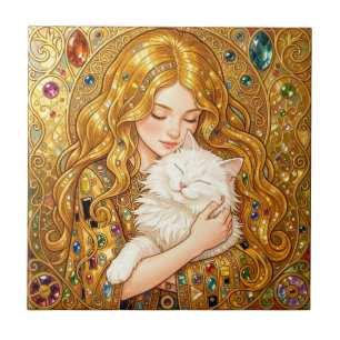 Azulejo Chica linda con gato al estilo Art Nouveau de Gust