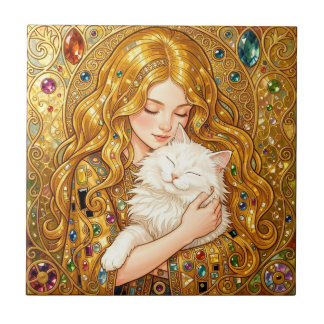 Azulejo Chica linda con gato al estilo Art Nouveau de Gust