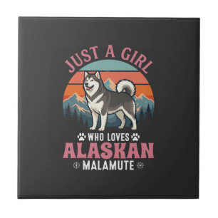 Azulejo Chica Malamute de Alaska Retro Puesta de sol Monta