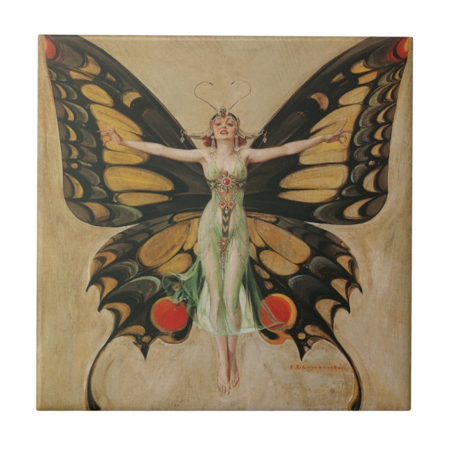 Azulejo Chica Mariposa de Leyendecker Arte Deco Antiguo (Frente)