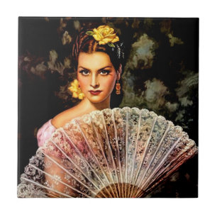Azulejo Chica Mexicana Hermosa del Calendario con Abanico