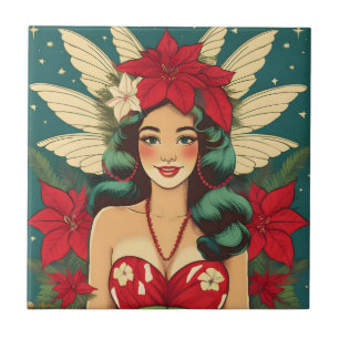 Azulejo Chica Pin-Up Retro de Navidad Tropical de los 50
