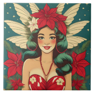 Azulejo Chica Pin-Up Retro de Navidad Tropical de los 50