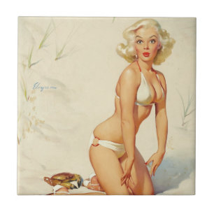 Azulejo Chica Pin-up Retro en la Playa
