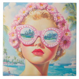 Azulejo Chica Retro Beach con gafas de sol florales