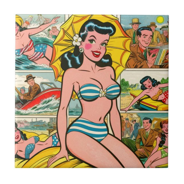 Azulejo Chica Retro Bikini Cómics de Verano (Frente)