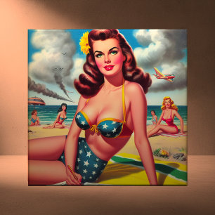 Azulejo Chica Retro Caliente Vintage Playa Pin up