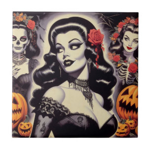 Azulejo Chica Retro de Halloween Góticamente Pin-up
