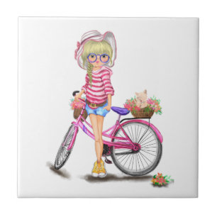 Azulejo Chica rubio con bicicleta rosa y gato en flores