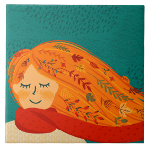 Azulejo Chica ruso otoño deja y llueve