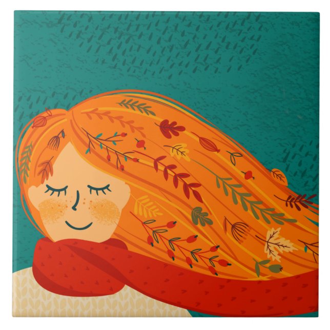 Azulejo Chica ruso otoño deja y llueve (Frente)