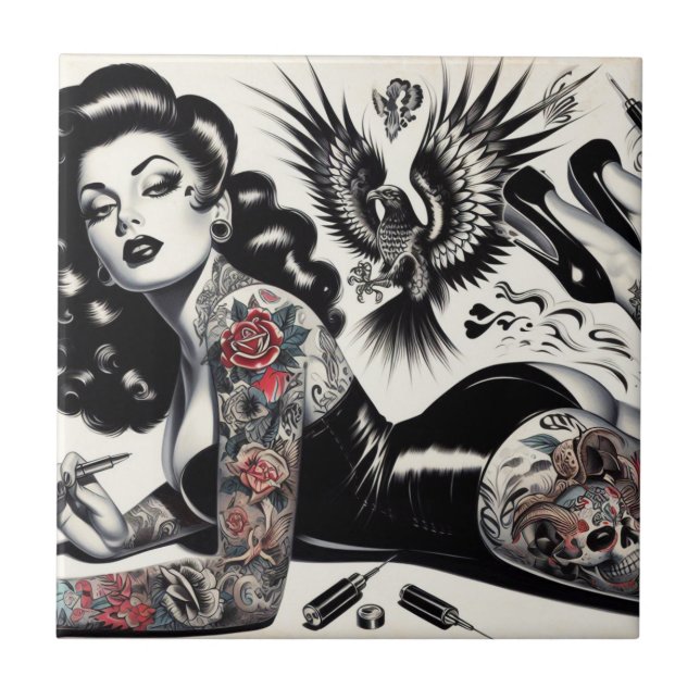Azulejo Chica Tattooed de la vieja escuela (Frente)