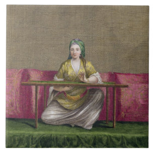 Azulejo Chica turco, bordando, siglo XVIII (engravin