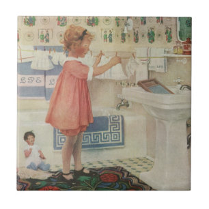 Azulejo Chica Vintage, Niño Haciendo Laundry Colgando Ropa