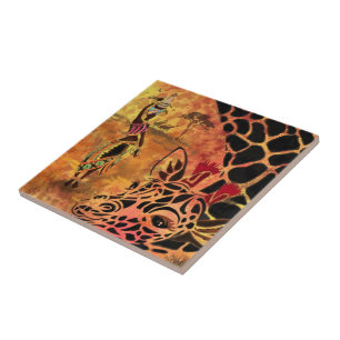 Azulejo Chica y jirafa africana - Amigos - Dibujo artísti