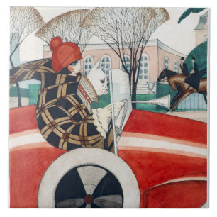 Azulejo Chica y perro de pug en un automóvil rojo