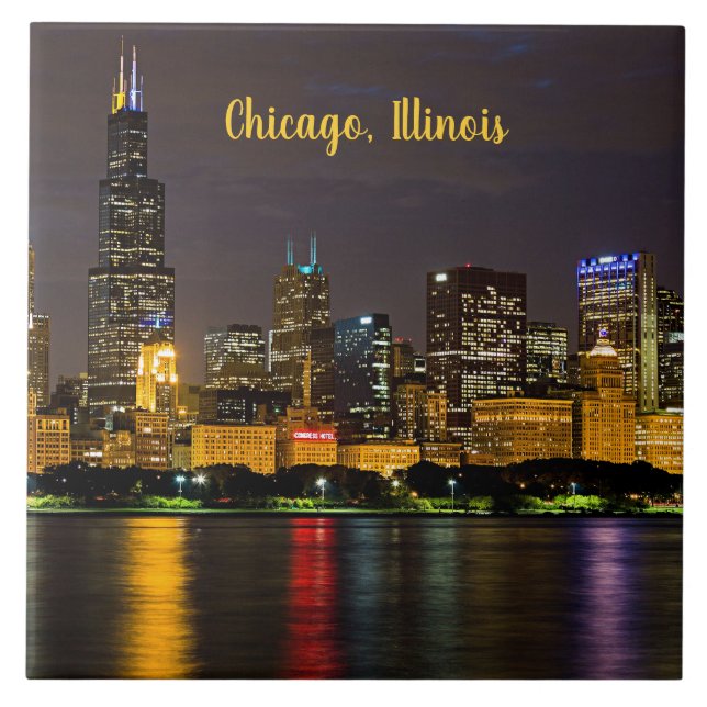 Azulejo Chicago, Illinois Skyline de noche (Frente)
