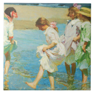 Azulejo Chicas caminando por el agua en la costa