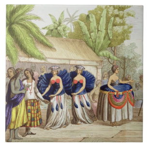 Azulejo Chicas de baile polinesios, grabados por A.